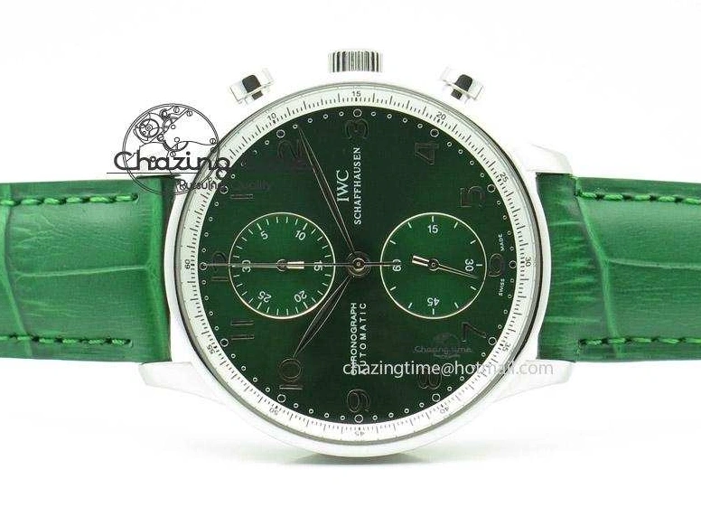MIROTIME 1228 Versatile Portuguese 40mm Chrono SS Green Dial On Green Leather Strap A 7380